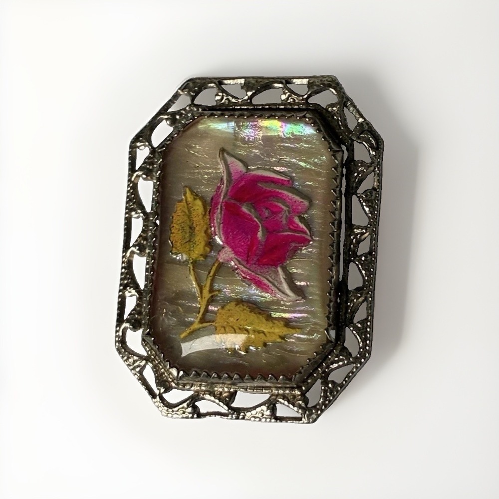 Antique Jewelry Victorian Reverse Carved Glass Hand Painted Rose Brooch Pin